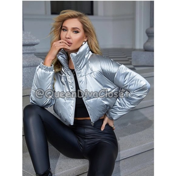 New Silver Drop Shoulder Crop Puffer Coat Jacket M 6-8, 10 - Picture 5 of 8